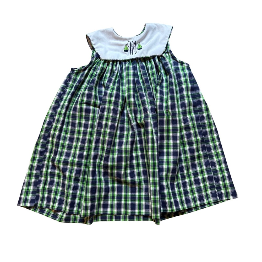 Kelly's Kids Plaid Dress‎ Kids Green Good Sailboat Monogram M SIZE 5/6
